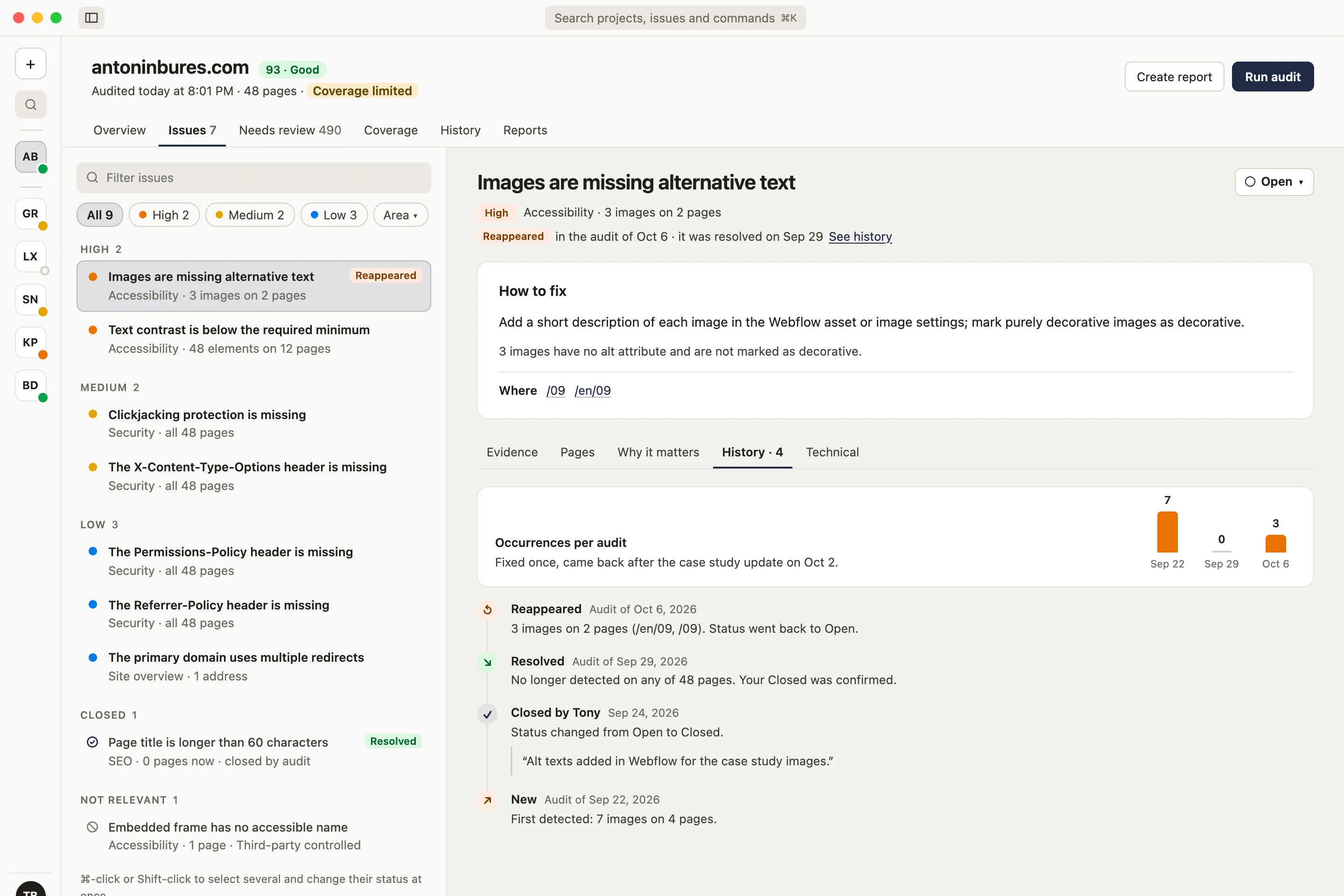 Damdit Issues: open issues grouped by severity, with the affected pages and evidence.