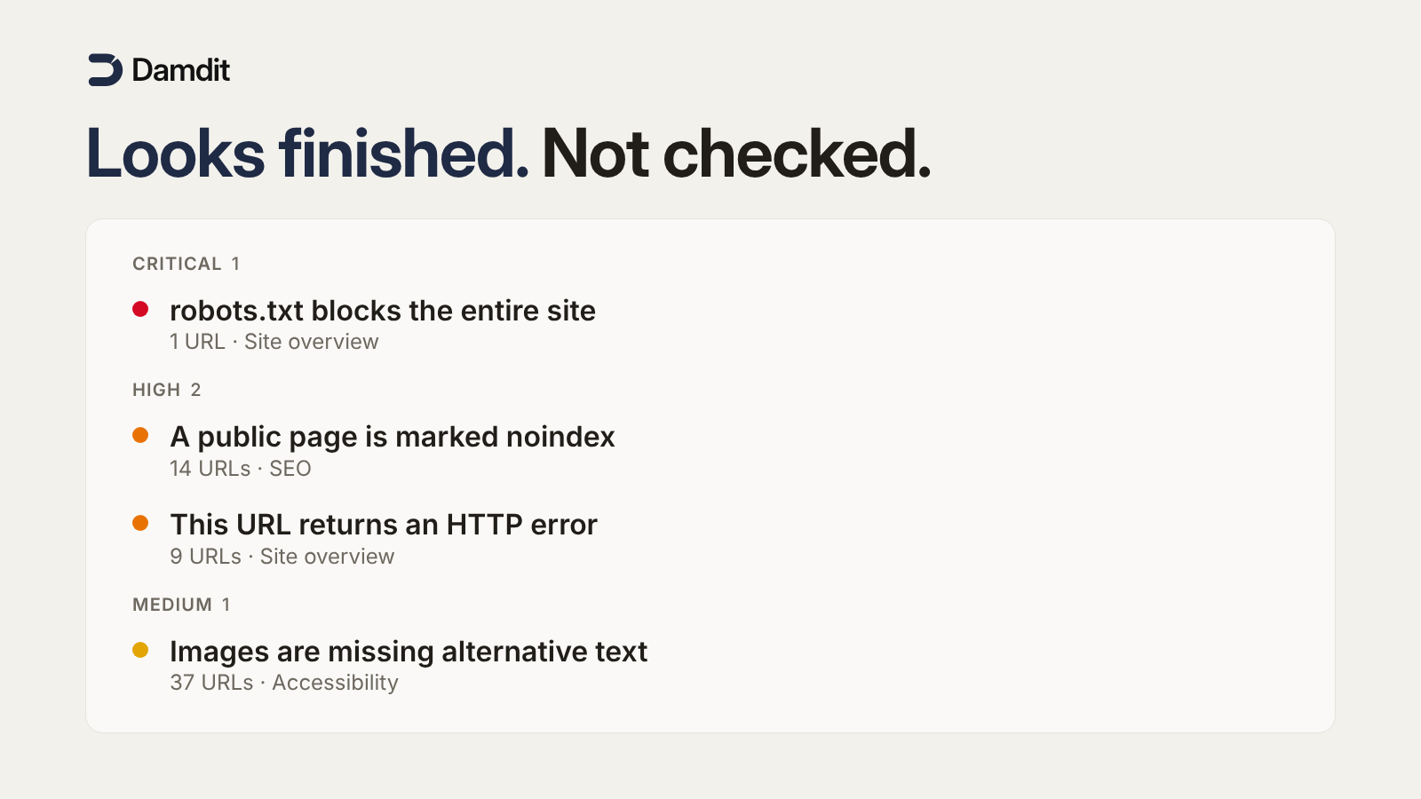 A Damdit issues list: robots.txt blocking the entire site, a public page marked noindex, a URL returning an HTTP error, images missing alternative text.